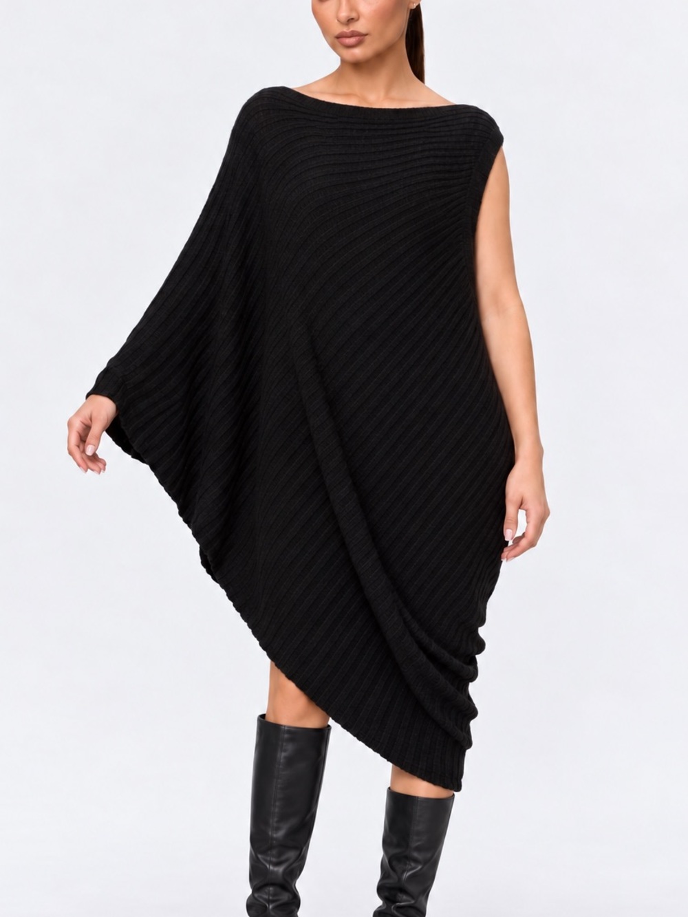 Vintage Bebe Avant Garde Minimalist Black Metallic Assymetric Poncho Dress Chic